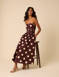 Brown Polka Dot Bandeau Felicity Midi Dress