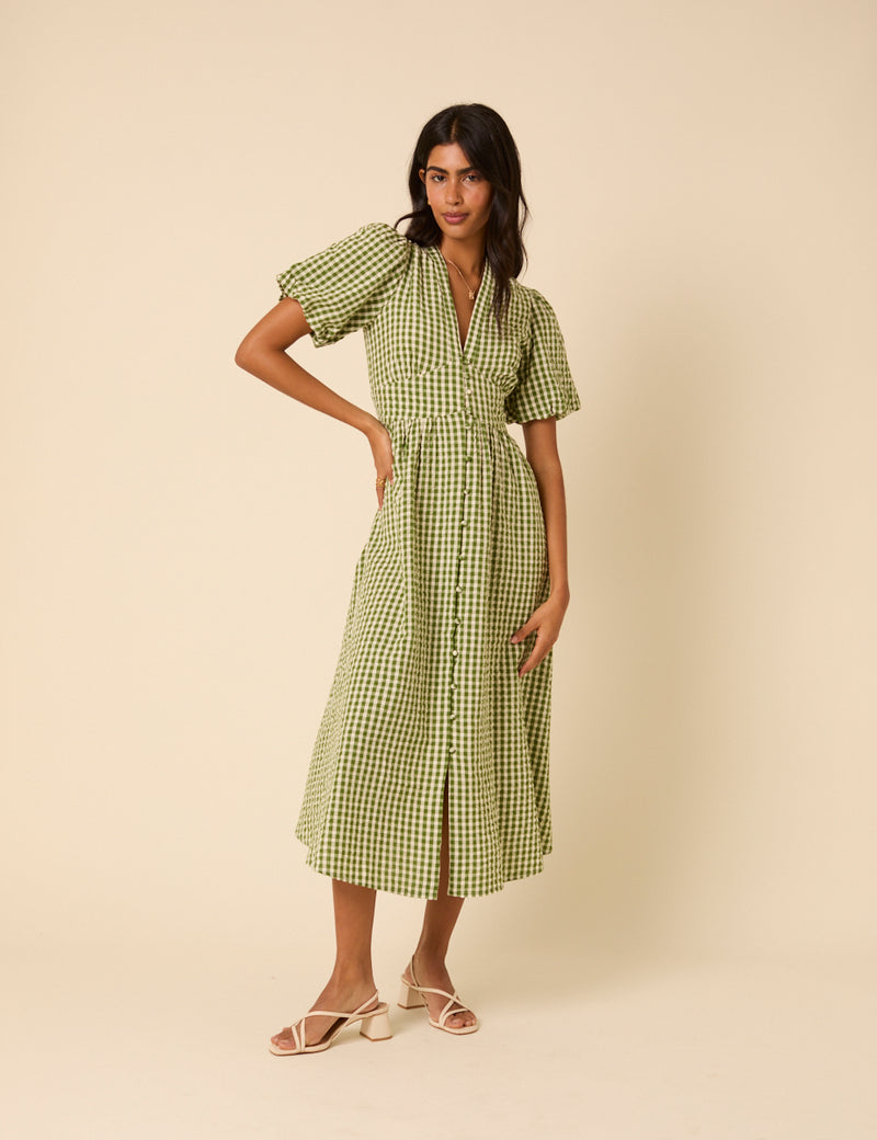 Green Gingham Puff Sleeve Starlight Midi Dress