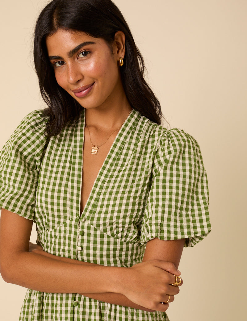 green gingham dress Women's Check Me Out Ruffle Collar Belted Maxi | Size: L 72% Cotton THML Large Bow Gingham Midi