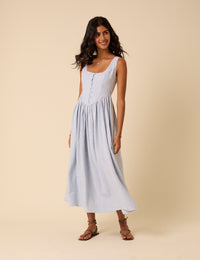 Blue Pinstripe Linen-blend Cora Midi Dress