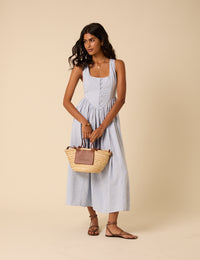 Blue Pinstripe Linen-blend Cora Midi Dress