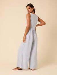 Blue Pinstripe Linen-blend Cora Jumpsuit