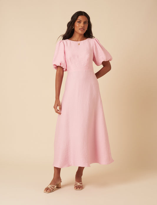 Baby Pink Puff Sleeve Zola Midi Dress
