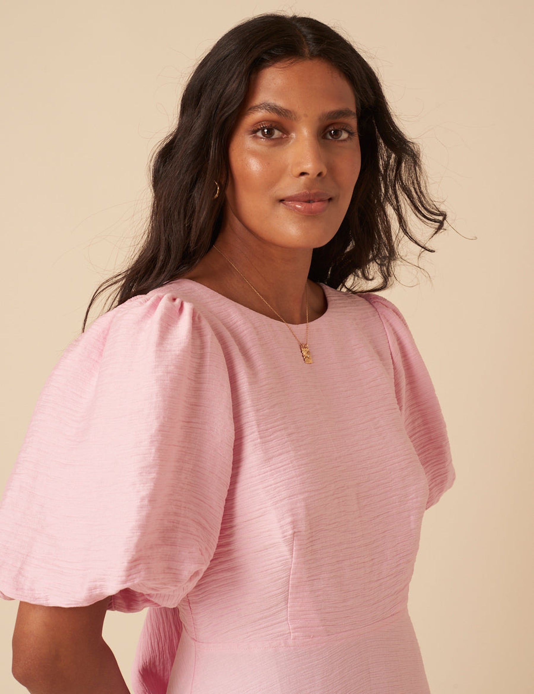 Baby Pink Puff Sleeve Zola Midi Dress
