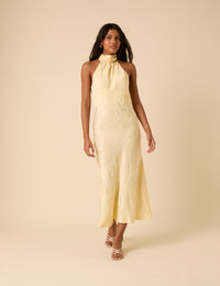 Butter Yellow Floral Jacquard Tie Neck Fifi Midi Dress