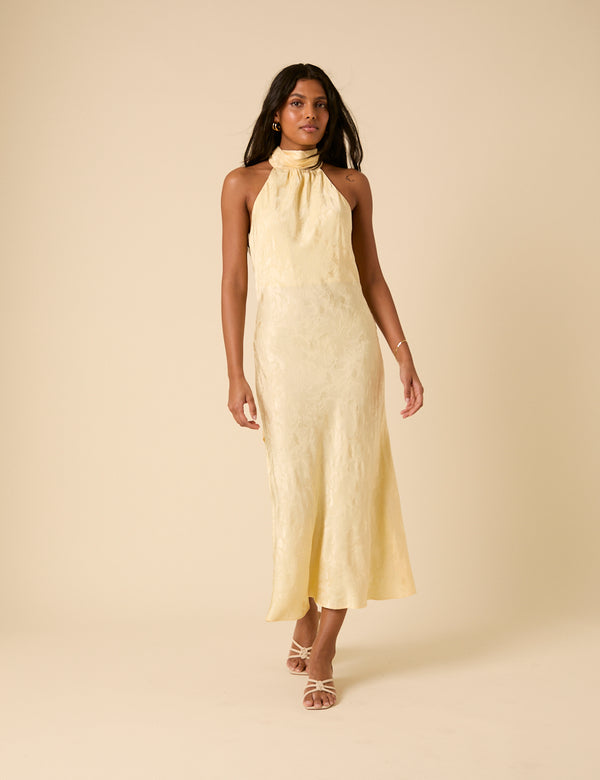 Butter Yellow Floral Jacquard Fifi Midi Dress