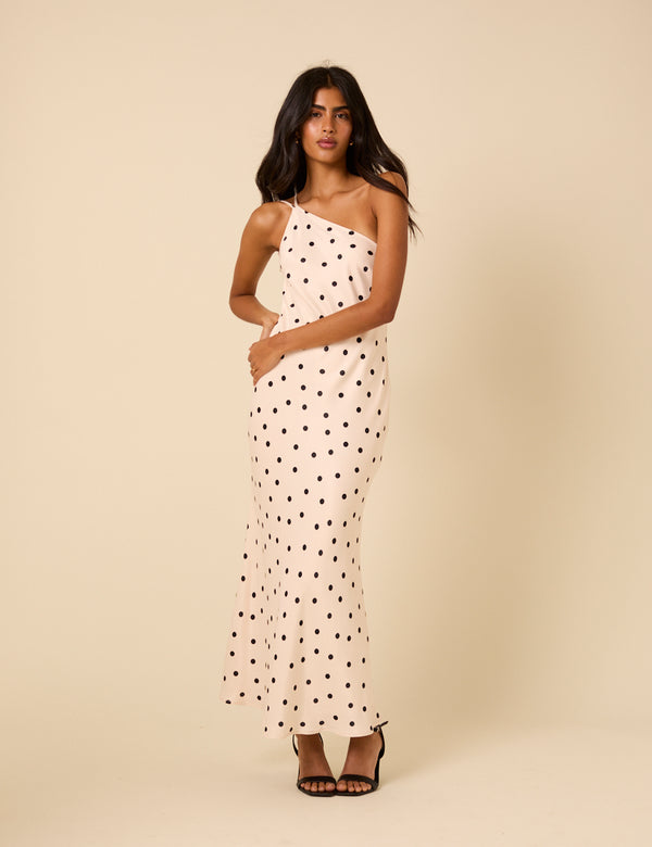 White Polka Dot One Shoulder Pia Maxi Dress