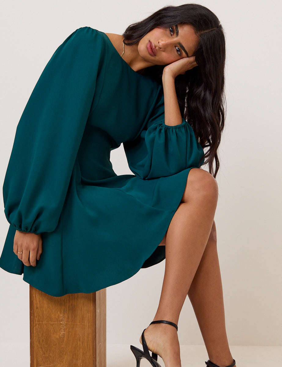 long sleeve teal mini dress Women's Aqua Blue Soft Touch Ruched Long Sleeve Mini Dress