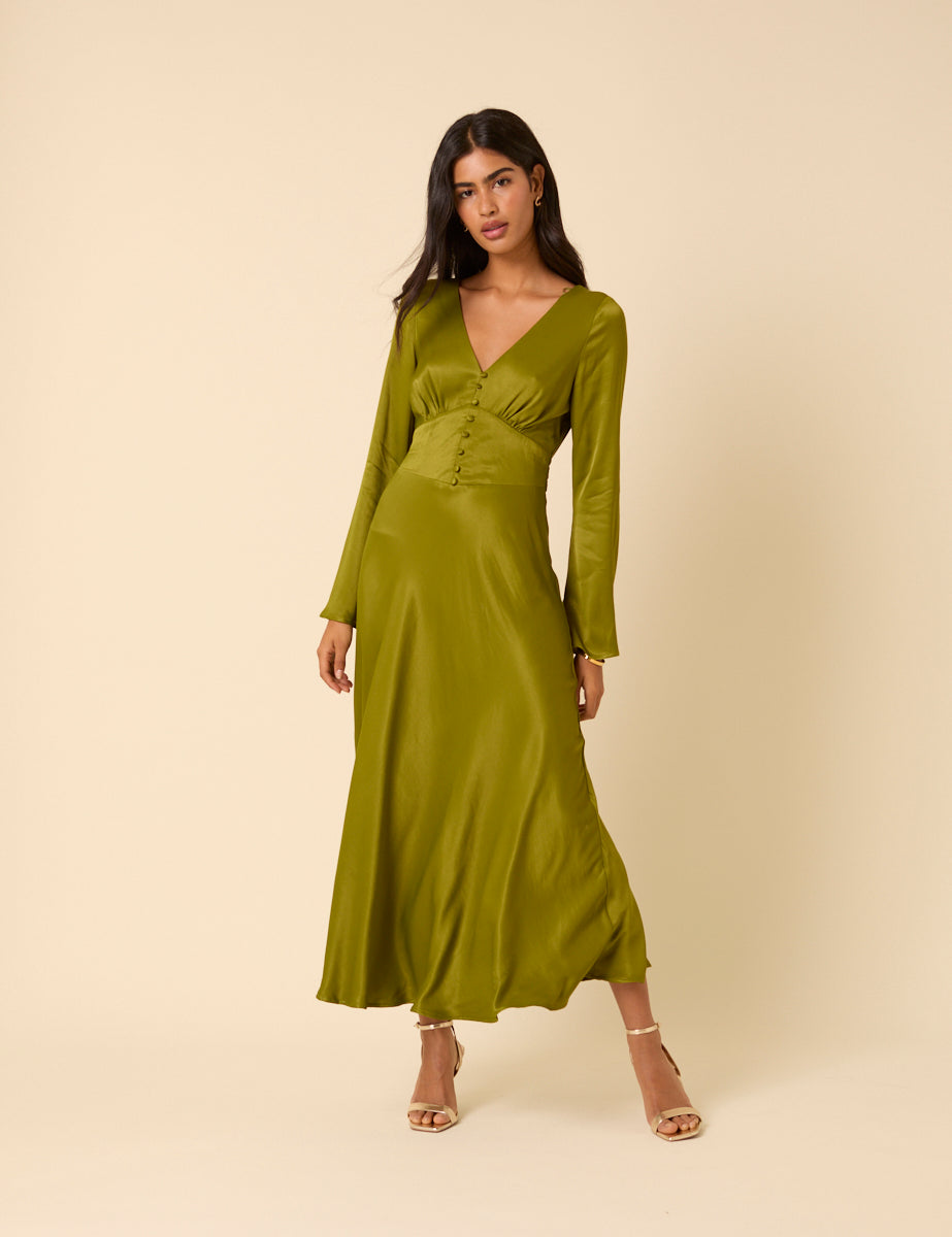 Olive Satin Dress Long Sleeve Arriana Midi Dress Long Sleeve Cowl