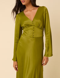 Olive Green Satin Long Sleeve Stella Midi Dress
