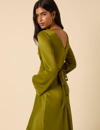 Olive Green Satin Long Sleeve Stella Midi Dress