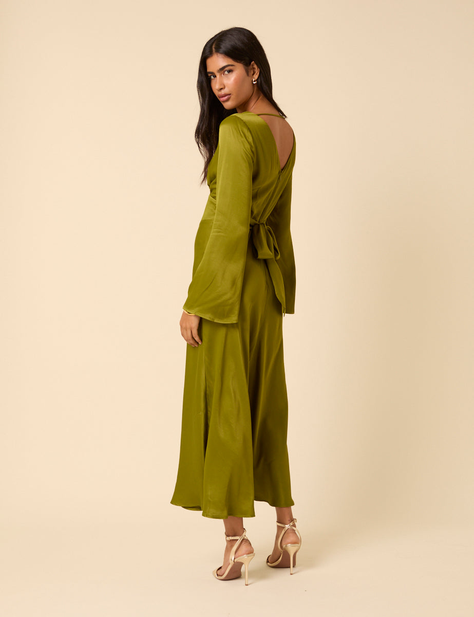 Olive Green Satin Long Sleeve Stella Midi Dress