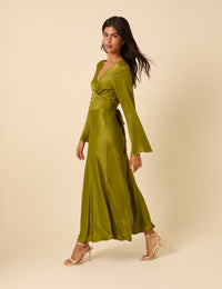 Olive Green Satin Long Sleeve Stella Midi Dress
