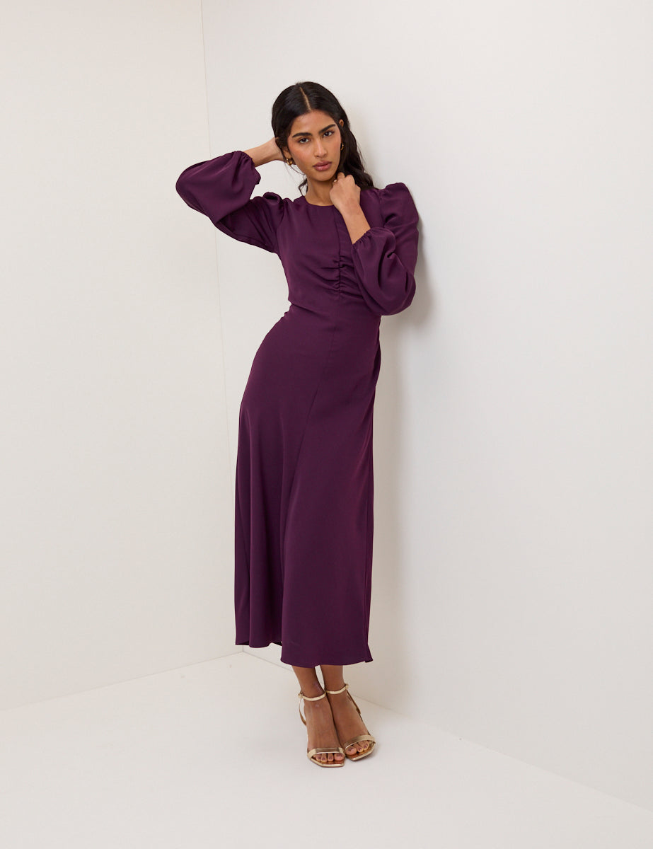Purple Balloon Sleeve Blair Midi Dress