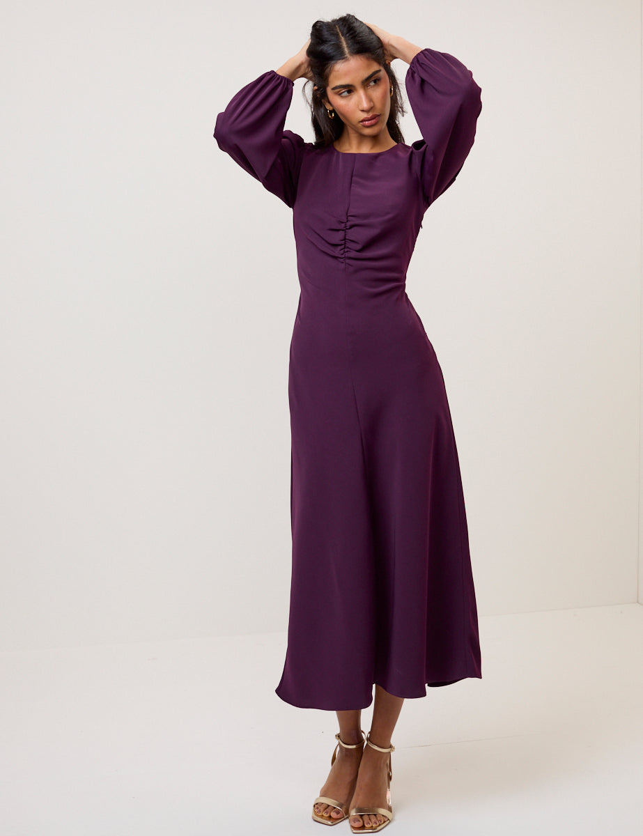 Purple Balloon Sleeve Blair Midi Dress