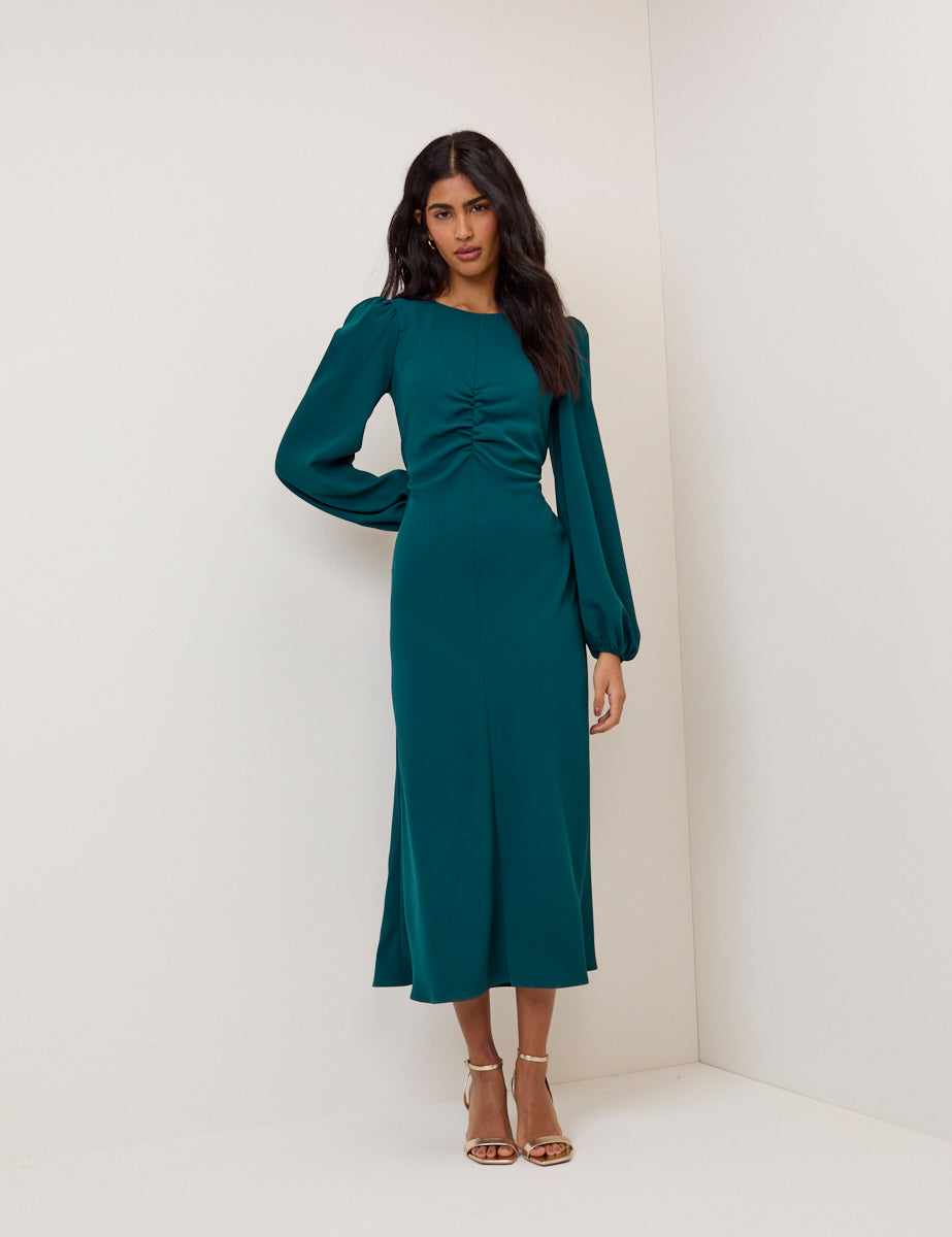Turquoise Green Balloon Sleeve Blair Midi Dress