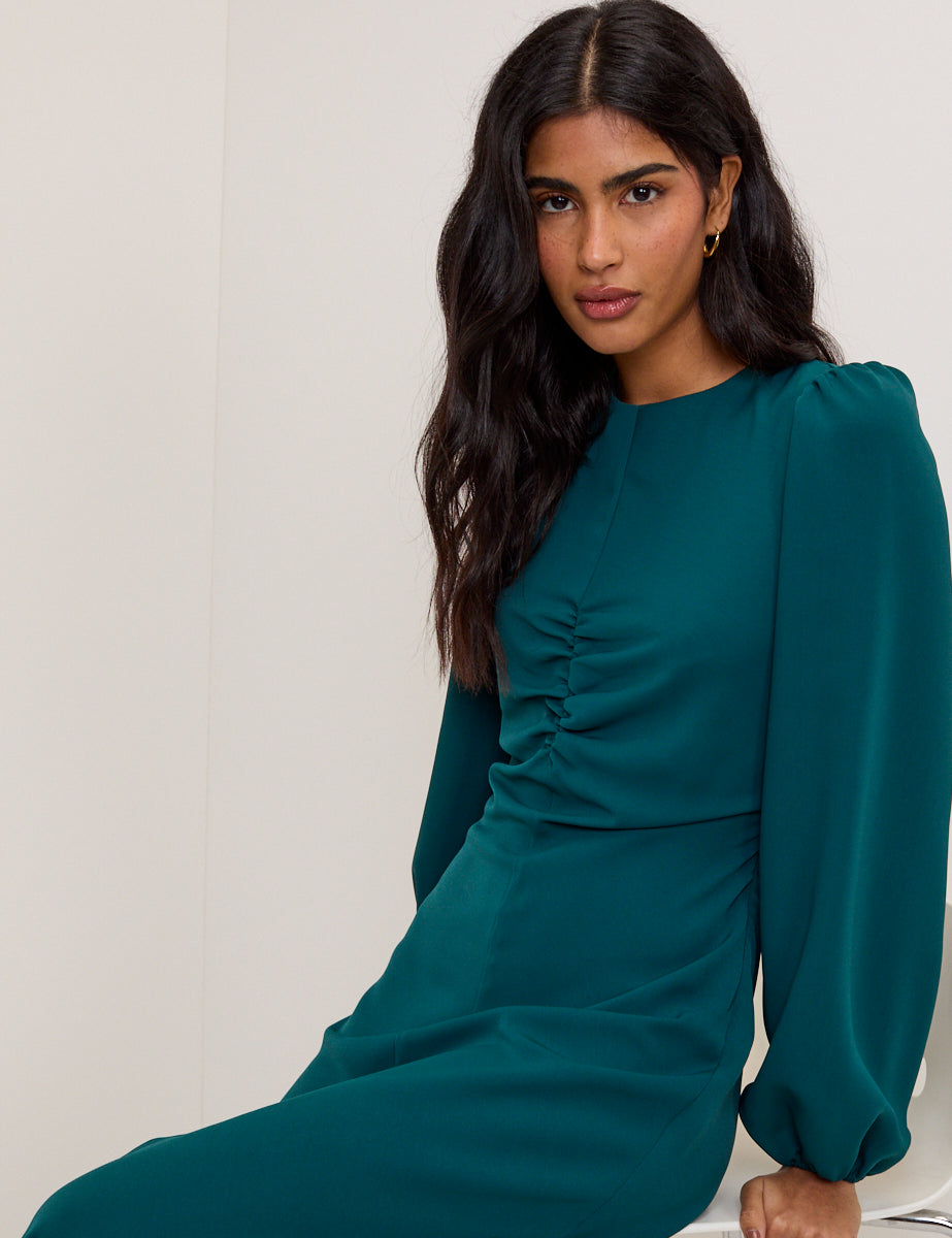 Turquoise Green Balloon Sleeve Blair Midi Dress