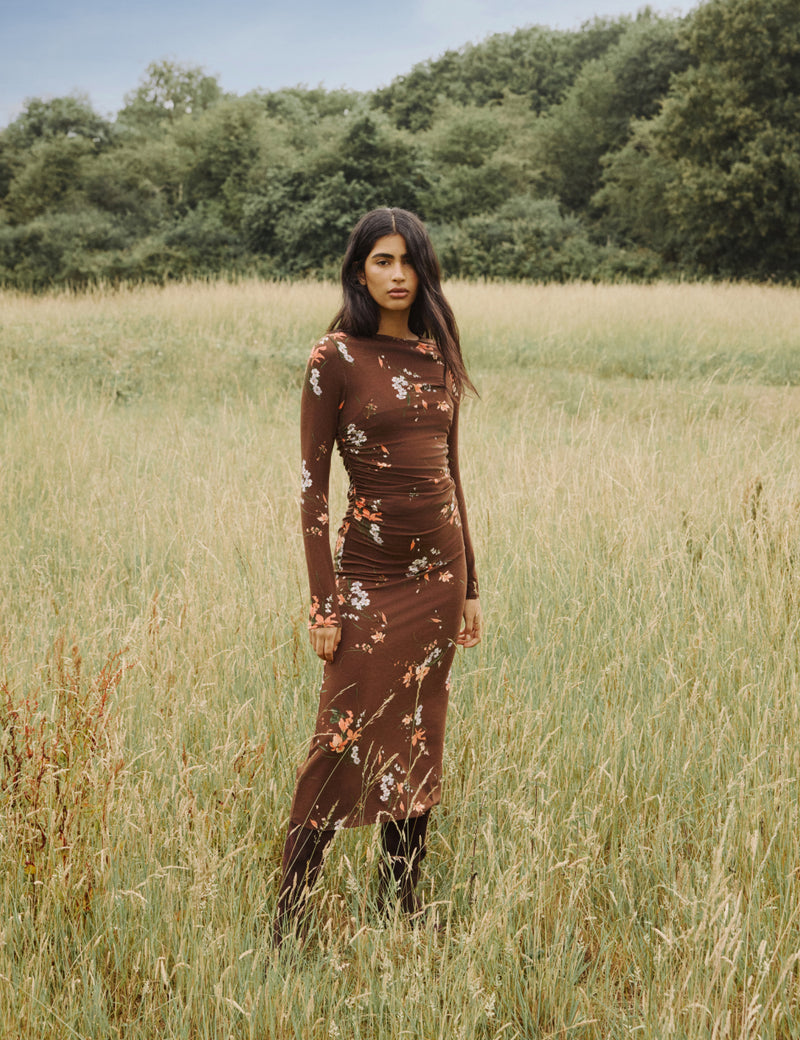 Brown Floral Long Sleeve Laurella Midi Dress