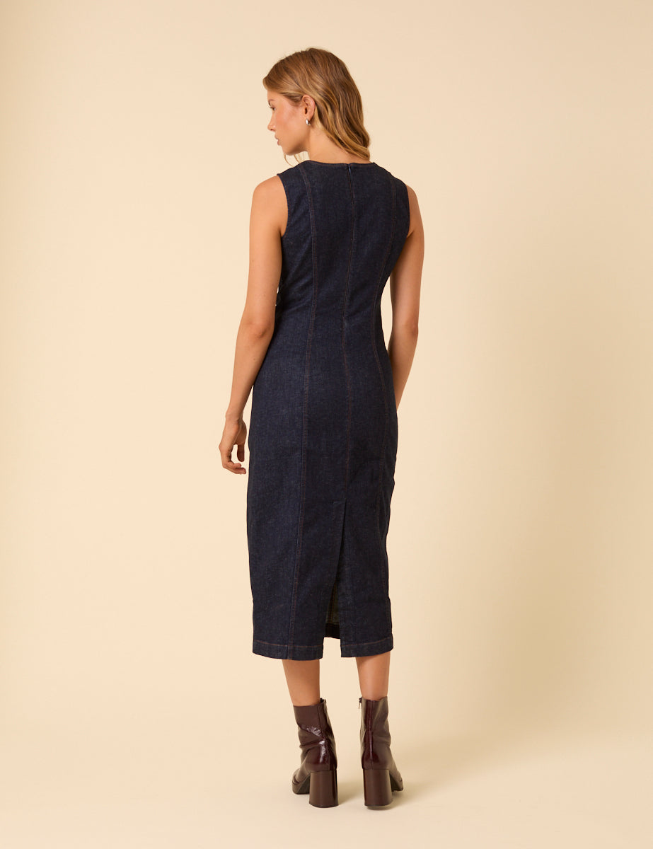 Dark Blue Denim Sleeveless Column Midi Dress
