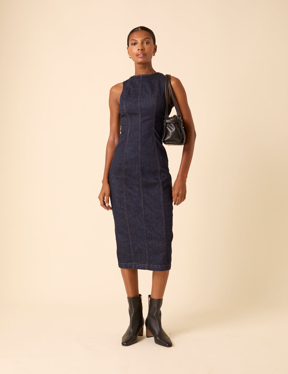 Dark Blue Denim Sleeveless Stretch Column Midi Dress Dark Blue Denim Sleeveless Stretch Column Midi Dress