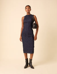 Dark Blue Denim Sleeveless Stretch Column Midi Dress
