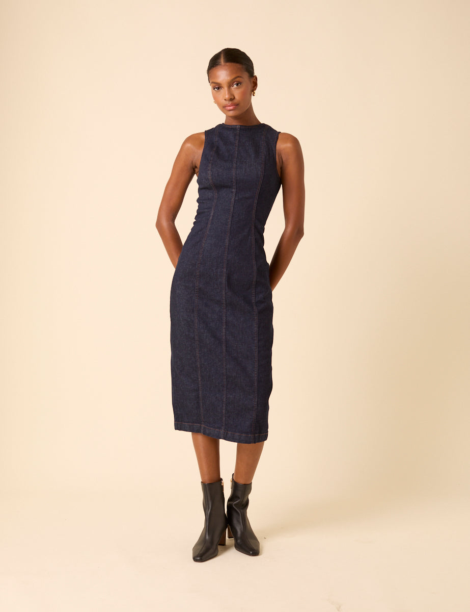 Dark Blue Denim Sleeveless Stretch Column Midi Dress Dark Blue Denim Sleeveless Stretch Column Midi Dress