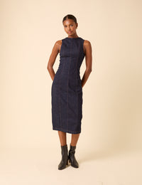 Dark Blue Denim Sleeveless Stretch Column Midi Dress