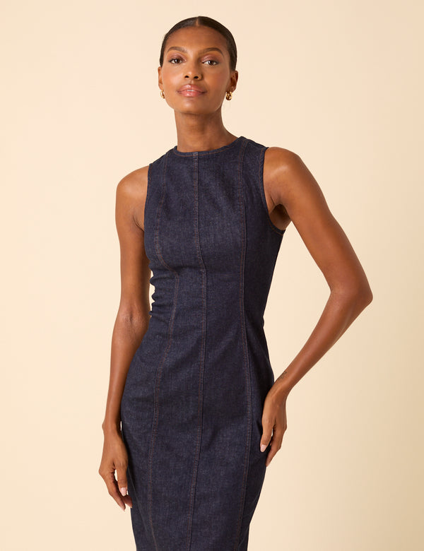 Dark Blue Denim Sleeveless Stretch Column Midi Dress