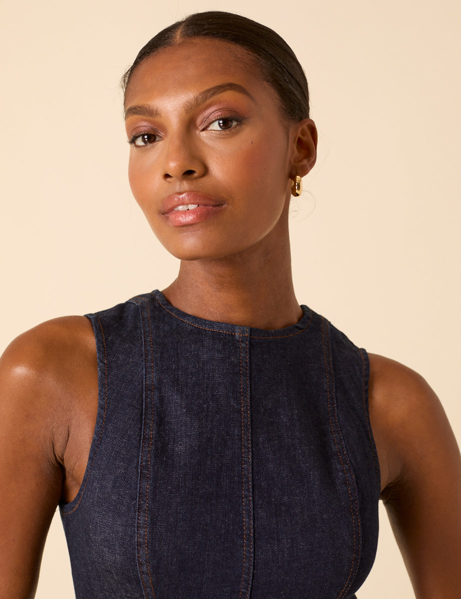 Dark Blue Denim Sleeveless Stretch Column Midi Dress Dark Blue Denim Sleeveless Stretch Column Midi Dress
