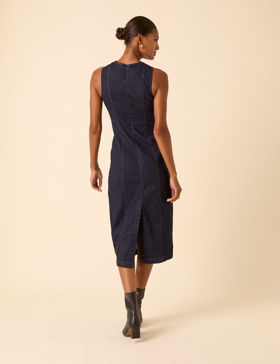 Dark Blue Denim Sleeveless Stretch Column Midi Dress Dark Blue Denim Sleeveless Stretch Column Midi Dress