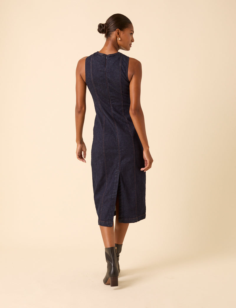 Dark Blue Denim Sleeveless Stretch Column Midi Dress