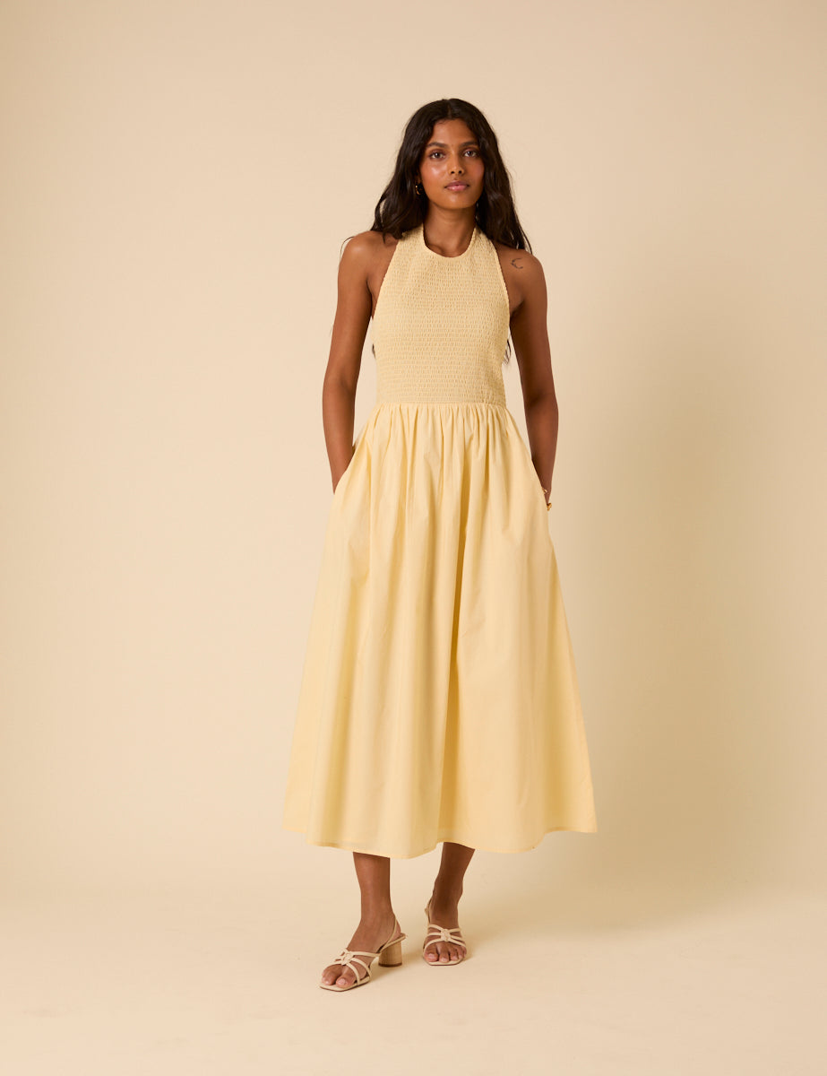 Butter Yellow Shirred Halterneck Tizzy Midi Dress