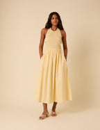 Butter Yellow Shirred Halterneck Tizzy Midi Dress