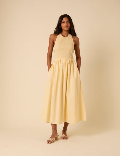 Butter Yellow Shirred Halterneck Tizzy Midi Dress