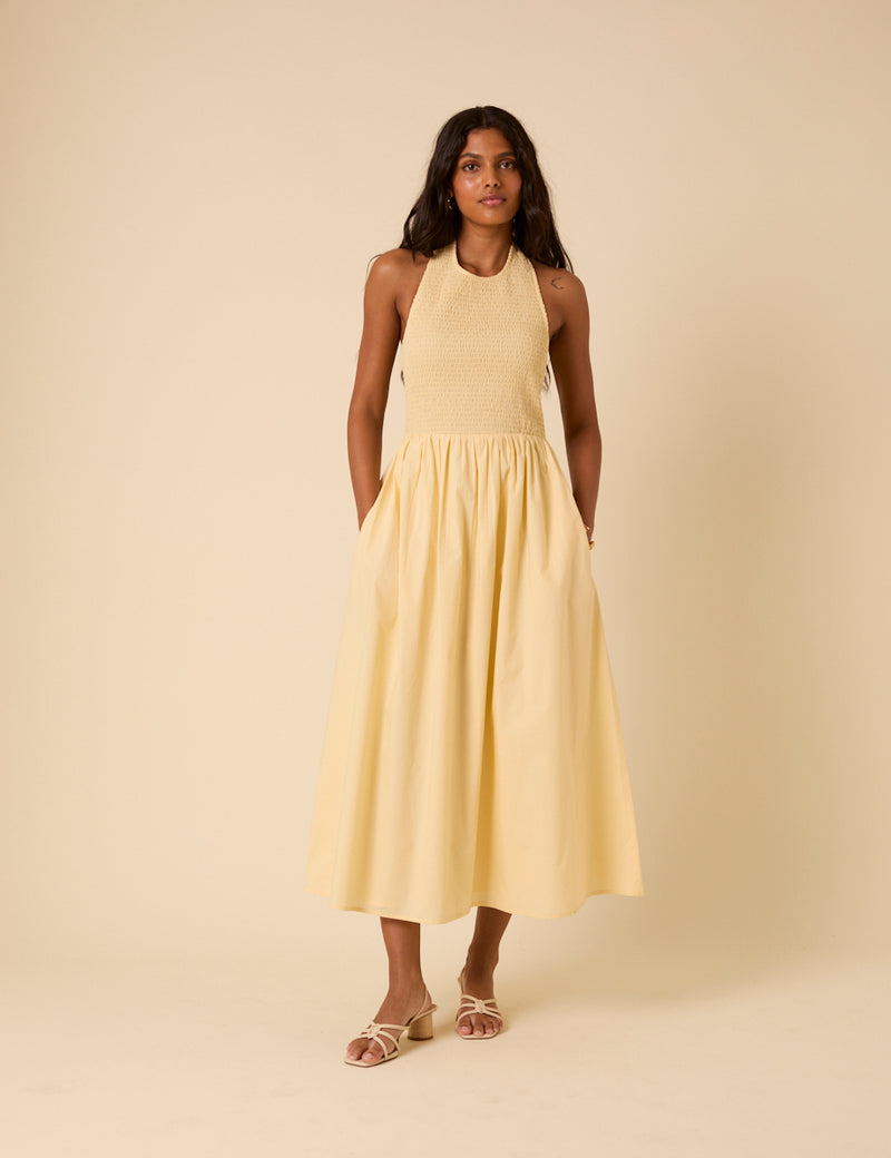 Butter Yellow Shirred Halterneck Tizzy Midi Dress
