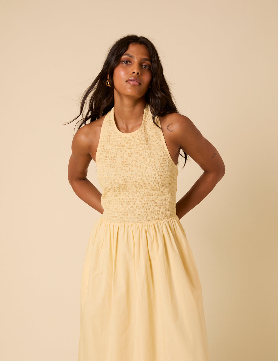 Butter Yellow Shirred Halterneck Tizzy Midi Dress