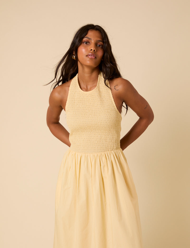 Butter Yellow Shirred Halterneck Tizzy Midi Dress