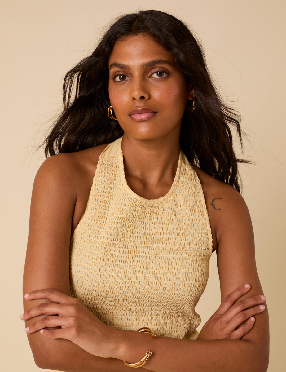 Butter Yellow Shirred Halterneck Tizzy Midi Dress