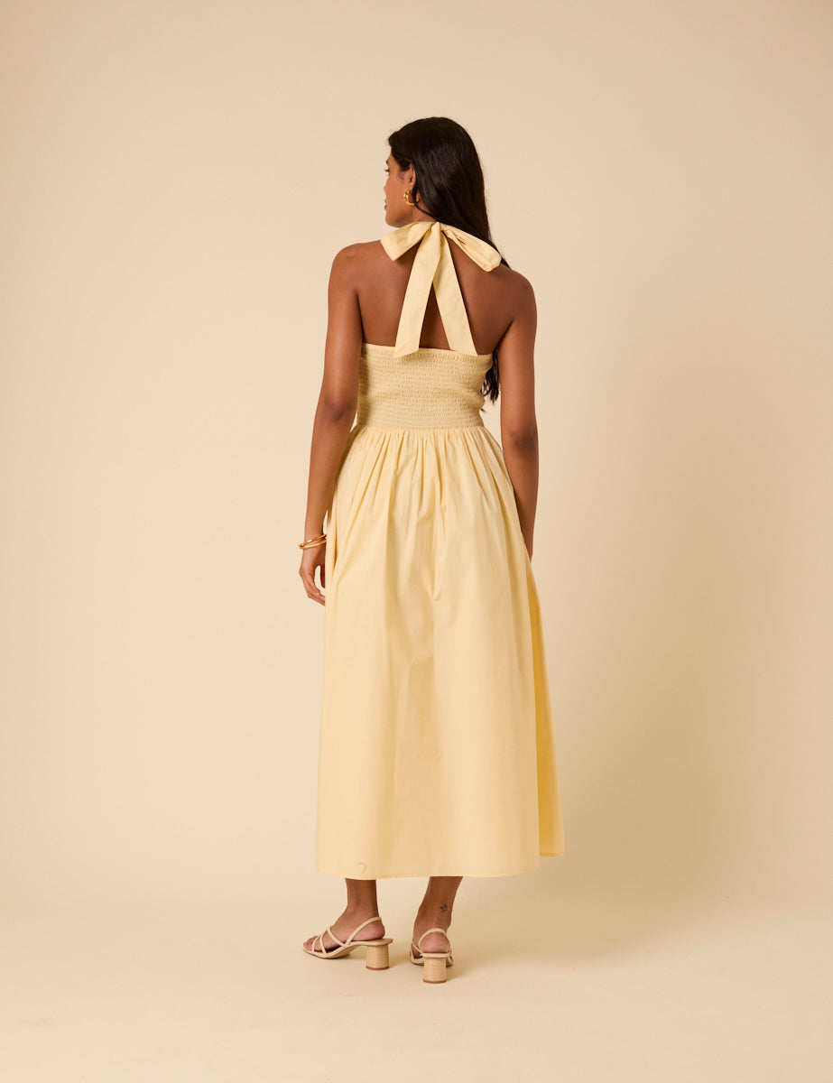 Butter Yellow Shirred Halterneck Tizzy Midi Dress