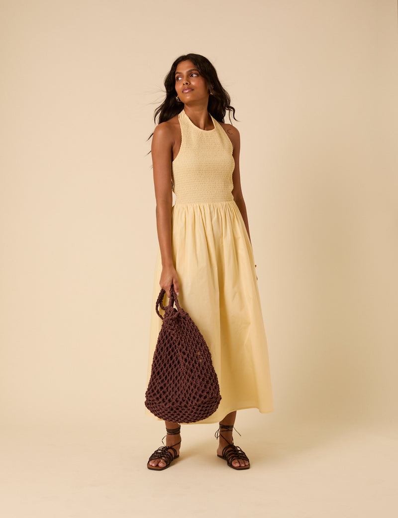 Butter Yellow Shirred Halterneck Tizzy Midi Dress