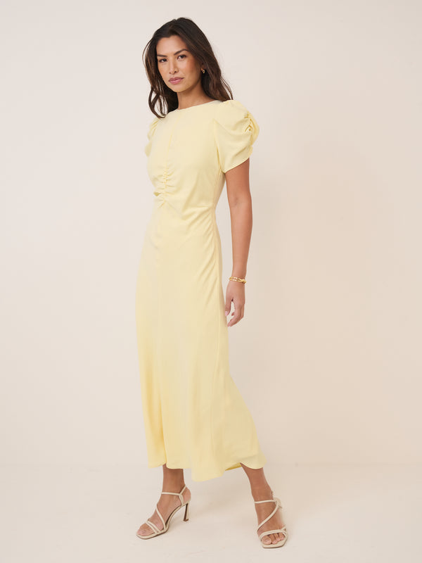 Butter Yellow Ruched Naomi Midi Dress