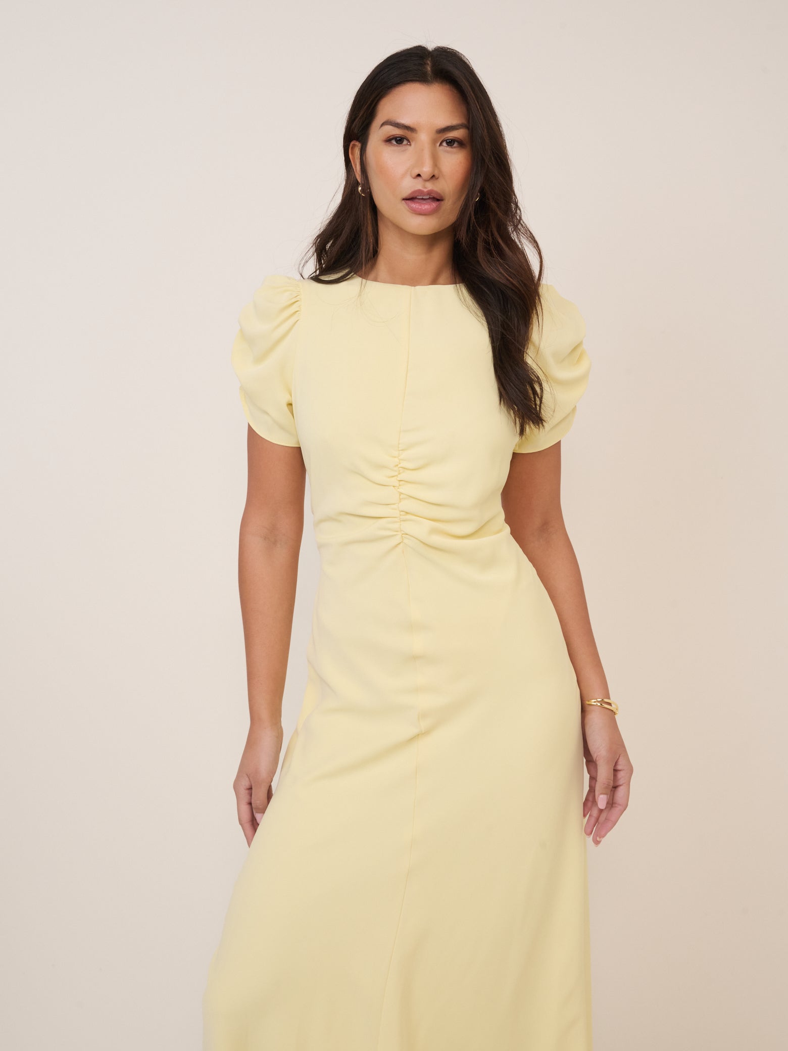 Butter Yellow Ruched Naomi Midi Dress Butter Yellow Ruched Naomi Midi Dress