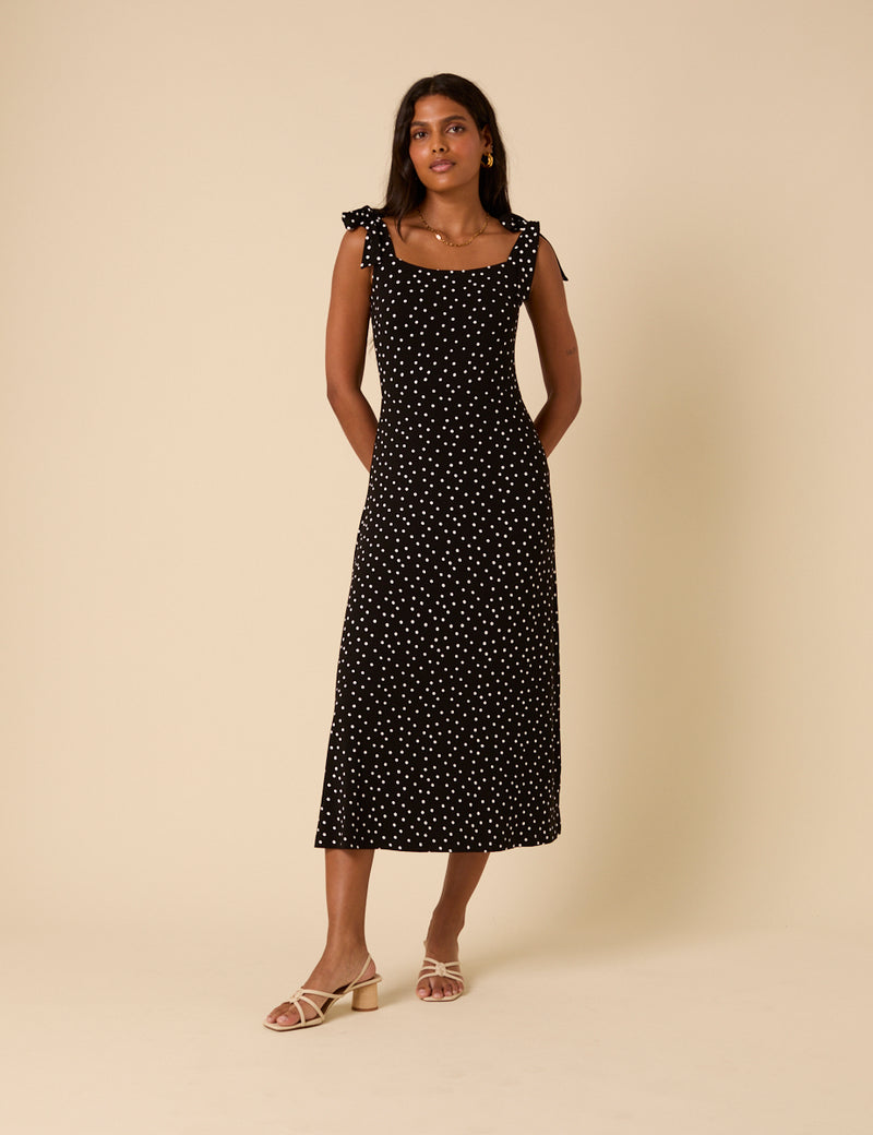 polka dot georgette tie neck midi dress Green Polka Dot Tie Neck Midi Dress