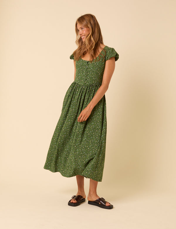 Green Ditsy Floral Puff Sleeve Cora Midi Dress