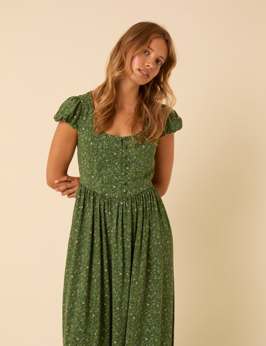 Green Ditsy Floral Puff Sleeve Cora Midi Dress