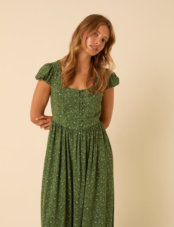 Green Ditsy Floral Puff Sleeve Cora Midi Dress
