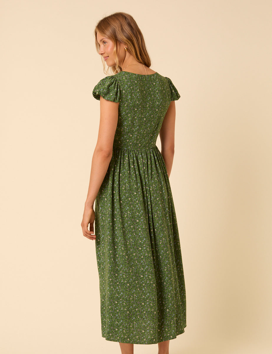 Green Ditsy Floral Puff Sleeve Cora Midi Dress