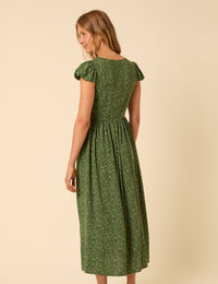 Green Ditsy Floral Puff Sleeve Cora Midi Dress