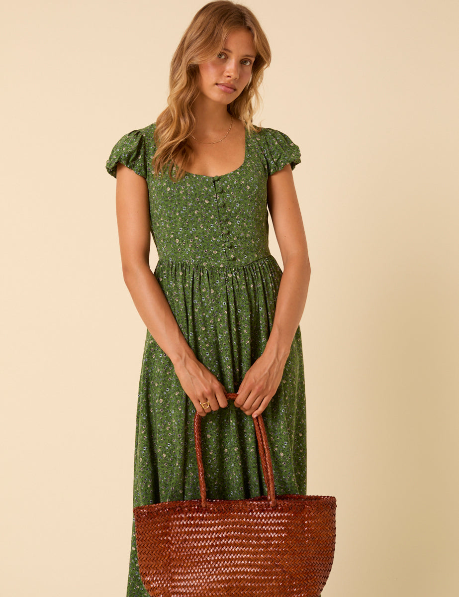 Green Ditsy Floral Puff Sleeve Cora Midi Dress