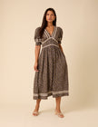 Brown Ditsy Floral Puff Sleeve Saffy Midi Dress
